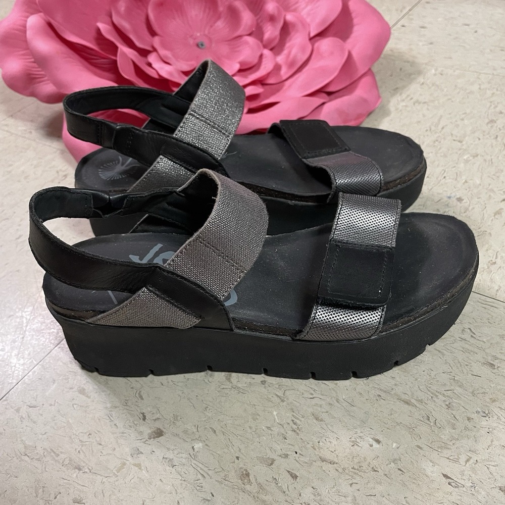 OTBT Shoes Womens 8.5‎ Black Silver Leather Textile Nova Wedge Platform Sandals